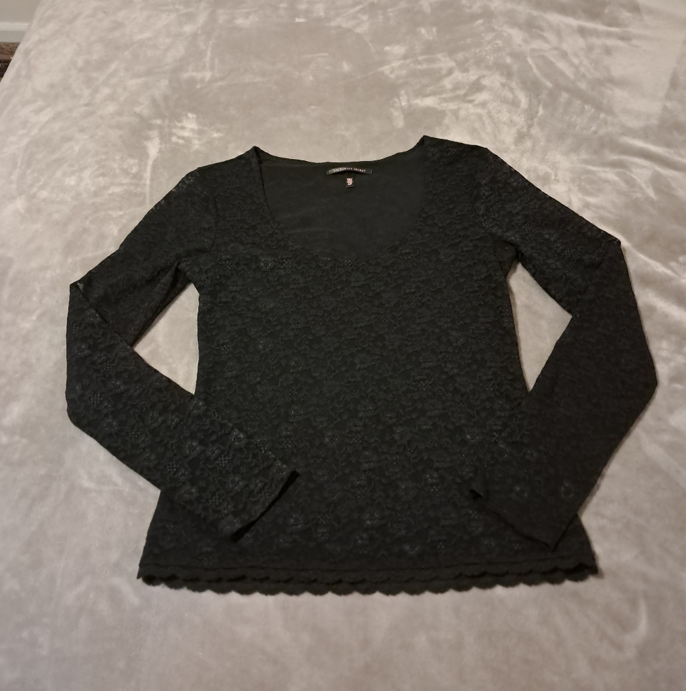 Victorias Secret Y2K Black Floral Lace Top Romantic Gothic Long Sleeve Sz S